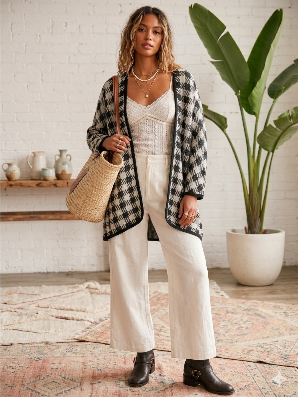 ⁠POL Boho Houndstooth Shrug Cardigan Oversized M⁠